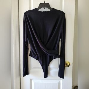 VINCE Women's Long Sleeve Draped Front Thong Bodysuit Black Size XL